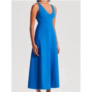 Scanlan Theodore Prussian Blue Crepe Knit V-Neck Midi Dress Medium Old Money